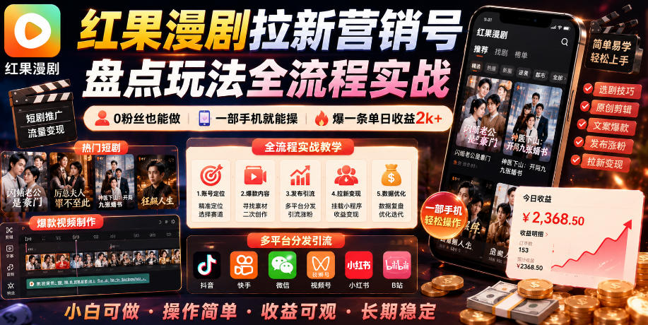 红果漫剧拉新营销号盘点玩法全流程实战，0粉丝也能做，一部手机就能做，爆一条单日收益2k+(更新0922)-MFXUI中国站