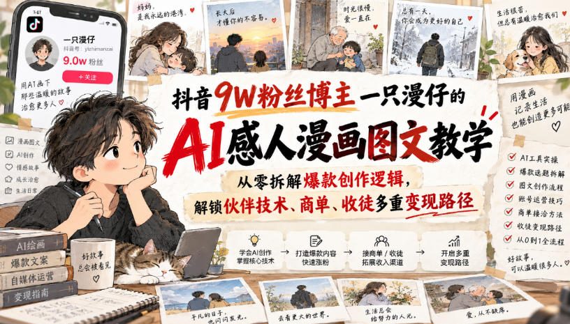 抖音9W粉丝博主一只漫仔的AI感人漫画图文教学，从零拆解爆款创作逻辑，解锁伙伴技术、商单、收徒多重变现路径-MFXUI中国站