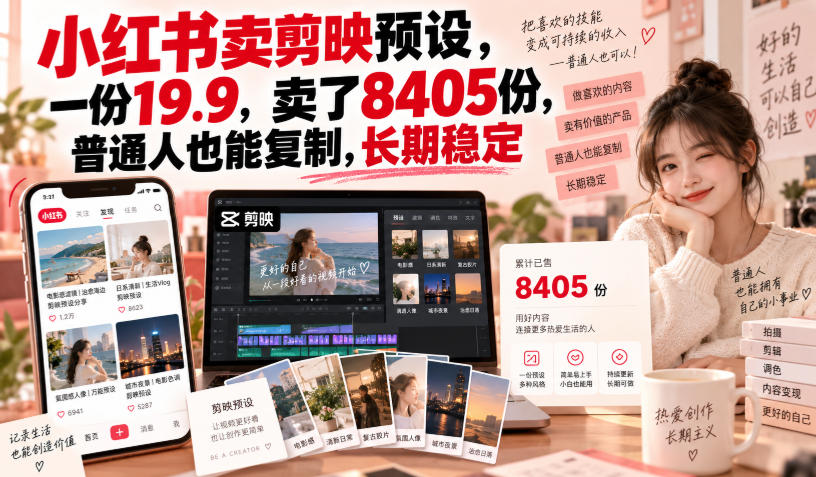 小红书卖剪映预设，一份19.9，卖了8405份，普通人也能复制，长期稳定-MFXUI中国站