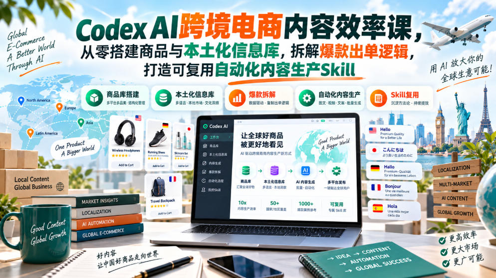 Codex AI跨境电商内容效率课，从零搭建商品与本土化信息库，拆解爆款出单逻辑，打造可复用自动化内容生产Skill-MFXUI中国站