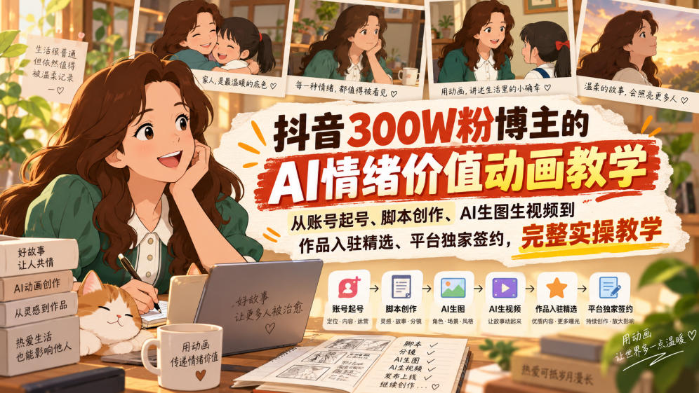 抖音300W粉博主的AI情绪价值动画教学，从账号起号、脚本创作、AI生图生视频到作品入驻精选、平台独家签约，完整实操-MFXUI中国站