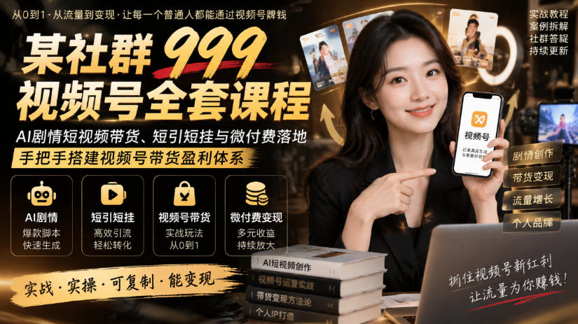 某社群999视频号全套课程，AI剧情短视频带货、短引短挂与微付费落地，手把手搭建视频号带货盈利体系-MFXUI中国站