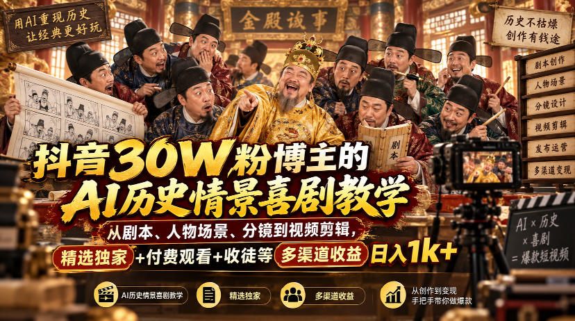 抖音30W粉博主的AI历史情景喜剧教学,从剧本、人物场景、分镜到视频剪辑,精选独家+付费观看+收徒等多渠道收益日入1k+-MFXUI中国站
