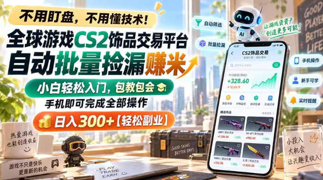 全球游戏CS2饰品交易平台自动批量捡漏賺米，小白轻松入门，包教包会，手机即可完成全部操作，日入300+【揭秘】-MFXUI中国站