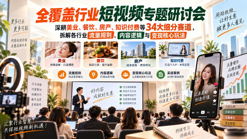 短视频专题研讨会，深耕美业、餐饮、房产、知识付费等34大细分赛道，拆解各行业流量规则、内容逻辑与变现核心玩法-MFXUI中国站