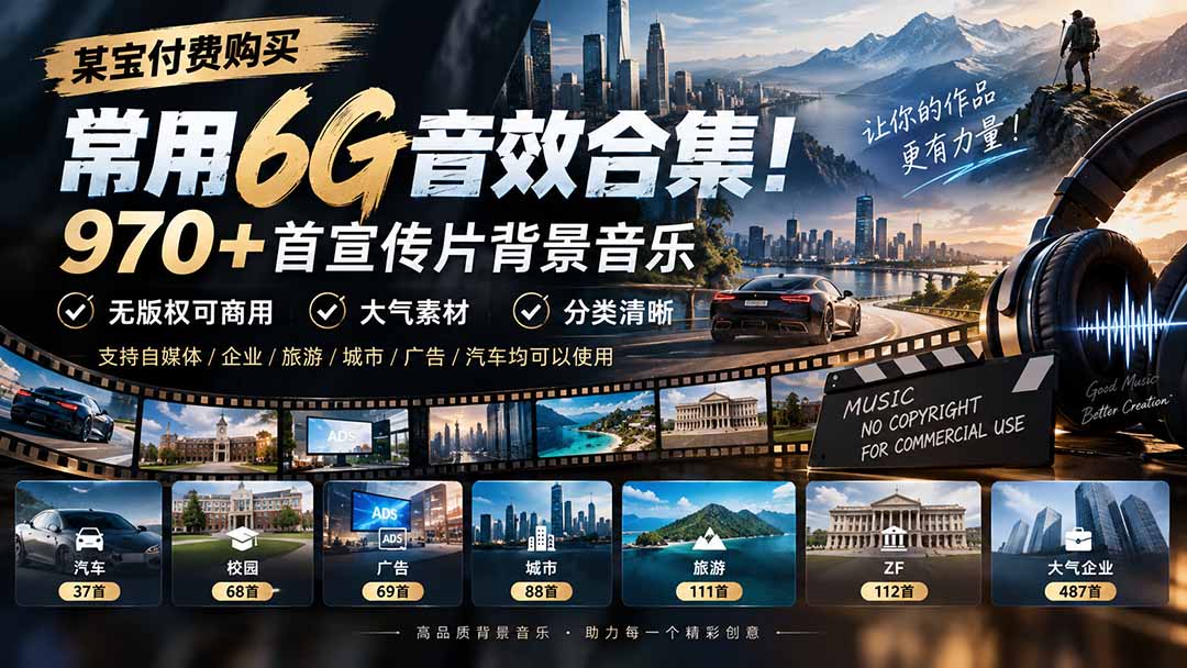 某宝付费购买，常用6G音效合集！970+首宣传片背景音乐，无版权可商用大气素材，分类清晰-MFXUI中国站