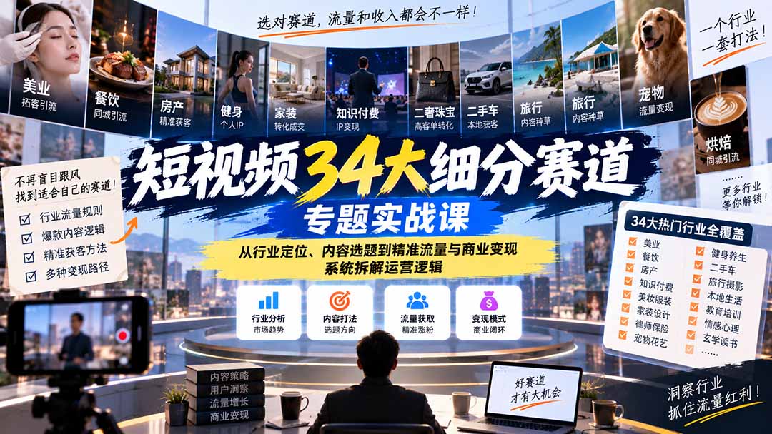 短视频34大细分赛道专题实战课:从行业定位、内容选题到精准流量与商业变现,系统拆解运营逻辑-MFXUI中国站