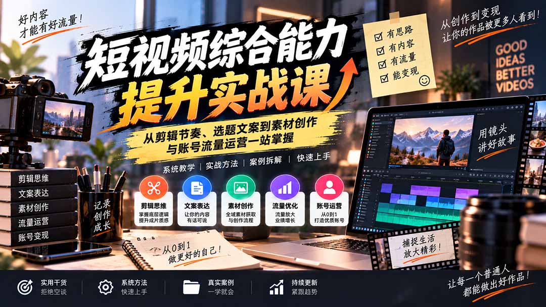 短视频综合能力提升实战课：从剪辑节奏、选题文案到素材创作与账号流量运营一站掌握-MFXUI中国站