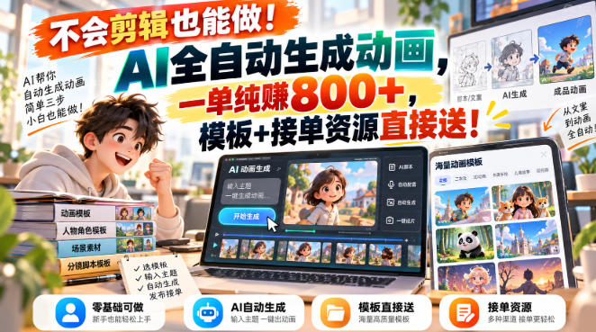 不会剪辑也能做！AI全自动生成动画，一单纯賺800+，模板+接单资源直接送！【揭秘】-MFXUI中国站