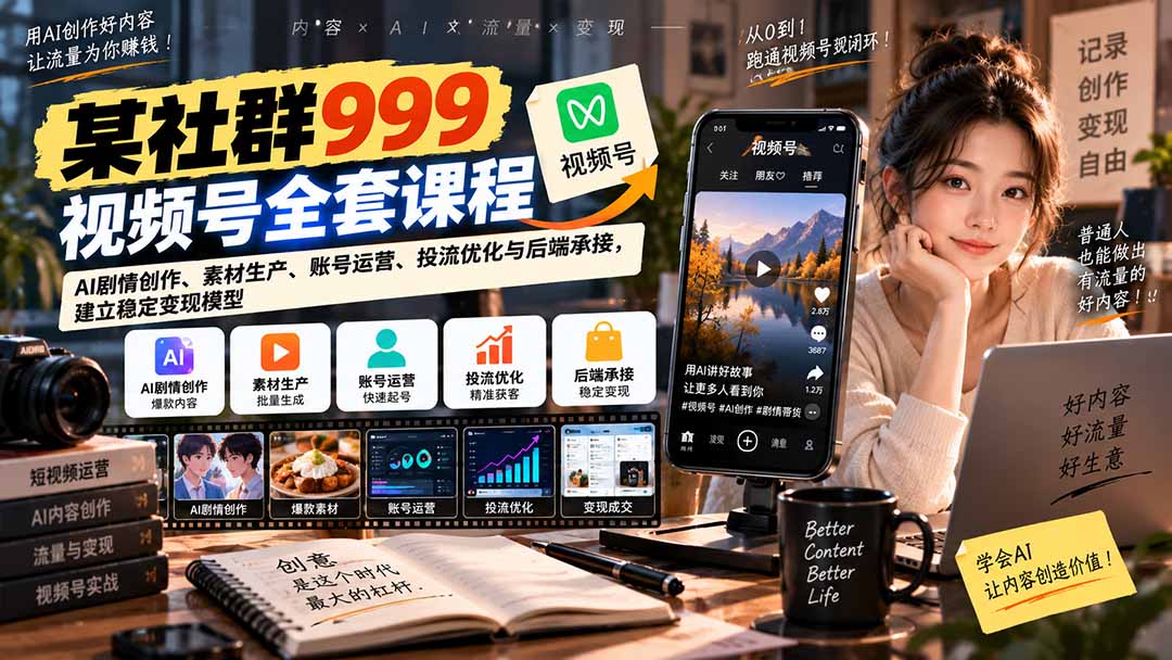 【无水印】某社群999视频号全套课程：AI剧情创作、素材生产、账号运营、投流优化与后端承接，建立稳定变现模型-MFXUI中国站