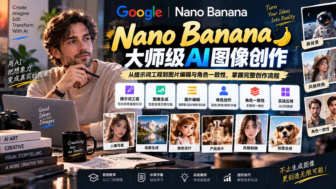 【无水印】Nano Banana大师级AI图像实战课：从提示词工程到图片编辑与角色一致性，掌握完整创作流程-MFXUI中国站