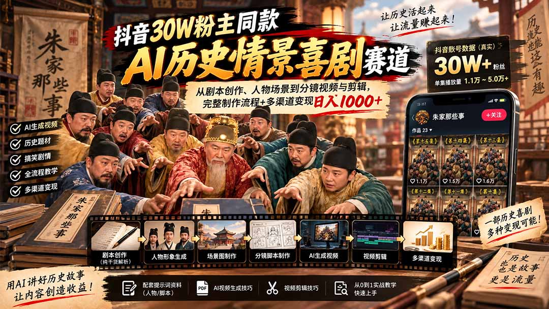 抖音30W粉博主同款AI历史情景喜剧赛道：从剧本创作、人物场景到分镜视频与剪辑，完整制作流程+多渠道变现日入1000+-MFXUI中国站
