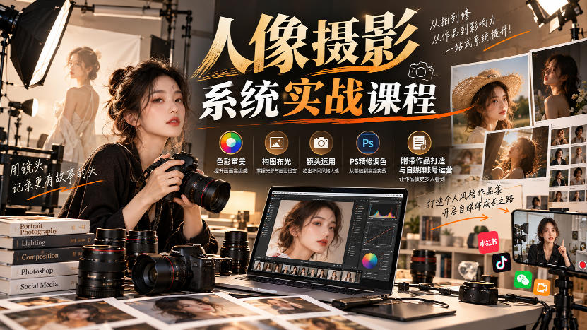【无水印】人像摄影系统实战课程，色彩审美、构图布光、镜头运用、PS精修调色，附带作品打造与自媒体账号运营-MFXUI中国站