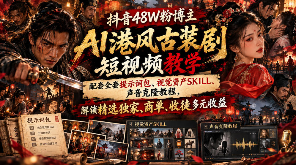 抖音48W粉博主AI港风古装剧短视频教学,配套全套提示词包、视觉资产SKILL、声音克隆教程,解锁精选独家、商单、收徒多元收益-MFXUI中国站