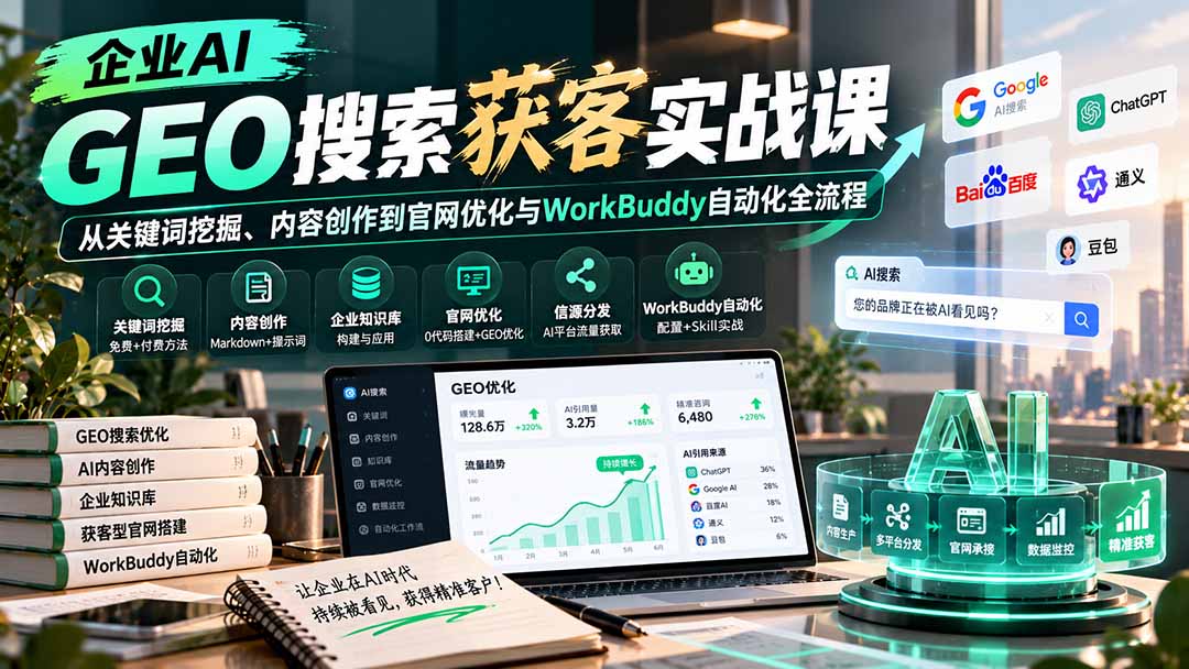 企业AI GEO搜索获客实战课：从关键词挖掘、内容创作到官网优化与WorkBuddy自动化全流程-MFXUI中国站
