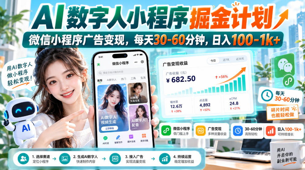 【无水印】AI数字人小程序掘金计划，微信小程序广告变现，每天30‑60分钟，日入100‑1k+-MFXUI中国站
