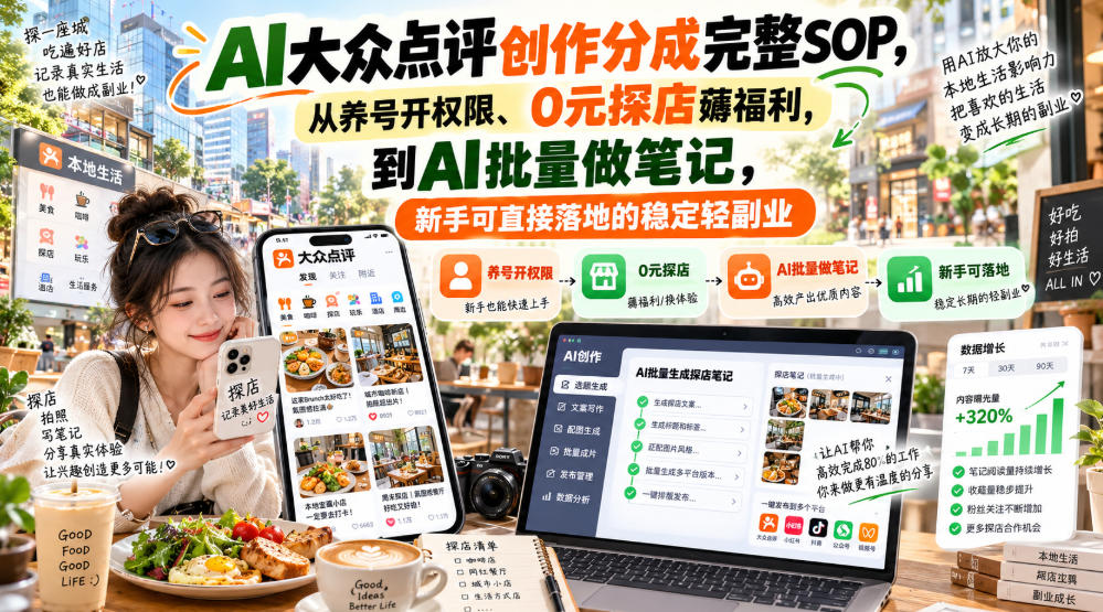 【无水印】AI大众点评创作分成完整SOP，从养号开权限、0元探店薅福利，到AI批量做笔记，新手可直接落地的稳定轻副业-MFXUI中国站