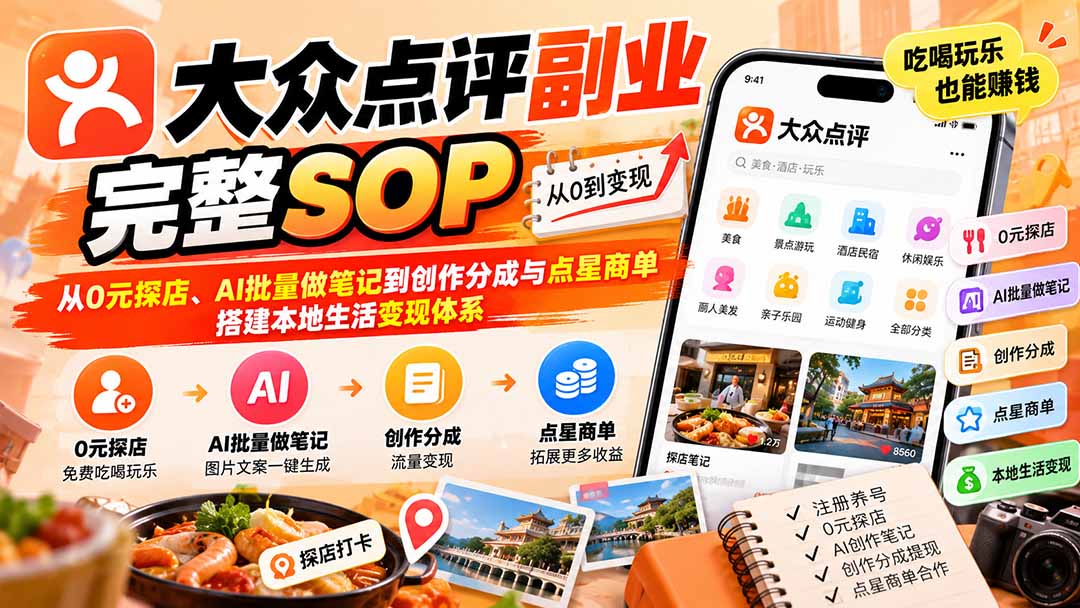 【无水印】大众点评副业完整SOP：从0元探店、AI批量做笔记到创作分成与点星商单，搭建本地生活变现体系-MFXUI中国站