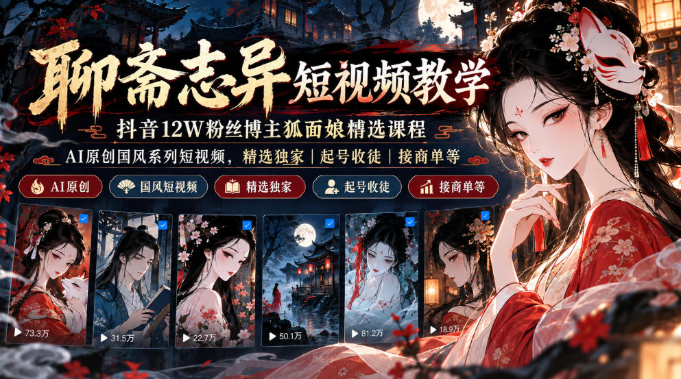 聊斋志异短视频教学，抖音12W粉丝博主狐面娘精选课程，AI原创国风系列短视频，精选独家丨起号收徒丨接商单等-MFXUI中国站