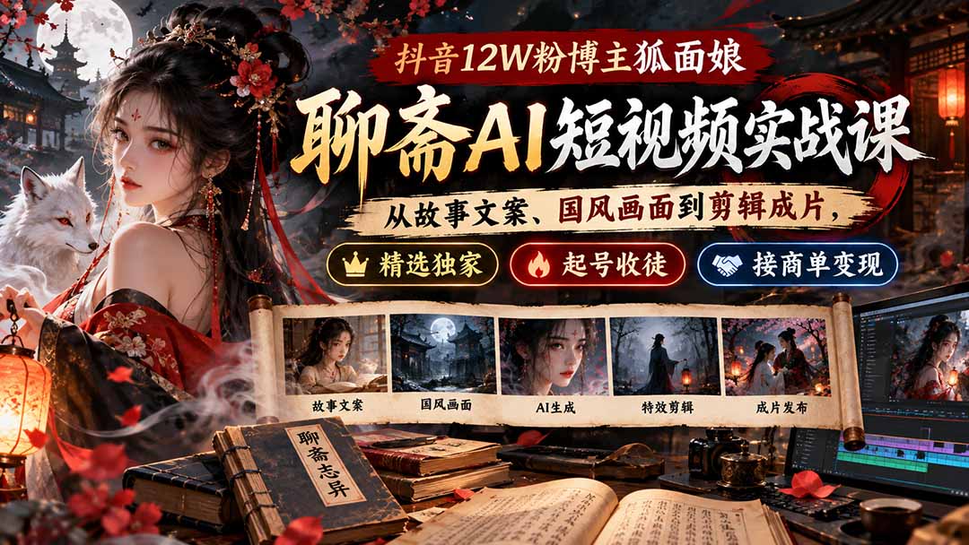 抖音12W粉博主狐面娘-聊斋AI短视频实战课：从故事文案、国风画面到剪辑成片，精选独家+起号收徒+接商单变现-MFXUI中国站