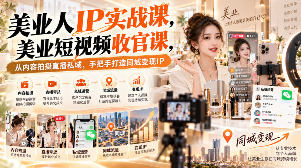 【无水印】美业人IP实战课，美业短视频收官课，从内容拍摄直播私域，手把手打造同城变现IP-MFXUI中国站