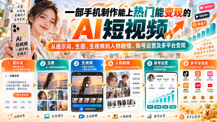 【无水印】一部手机制作能上热门能变现的AI短视频，从提示词、生图、生视频到人物剧情、账号运营及多平台变现-MFXUI中国站