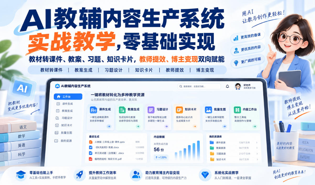 【无水印】AI教辅内容生产系统实战教学，零基础实现教材转课件、教案、习题、知识卡片，教师提效、博主变现双向赋能(更新0926)-MFXUI中国站