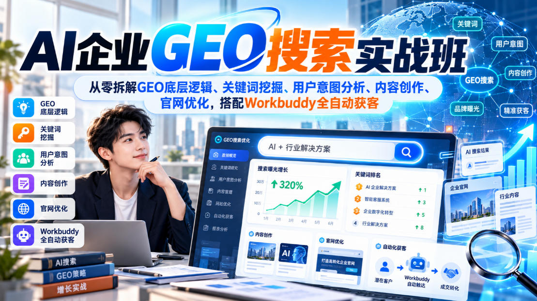 AI企业GEO搜索实战班，从零拆解GEO底层逻辑、关键词挖掘、用户意图分析、内容创作、官网优化，搭配Workbuddy全自动获客-MFXUI中国站