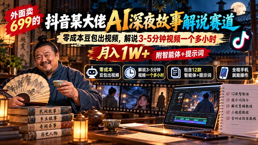 外面卖699的抖音某大佬AI深夜故事解说赛道：零成本豆包出视频，解说3-5分钟视频一个多小时，月入1W+附智能体+提示词-MFXUI中国站