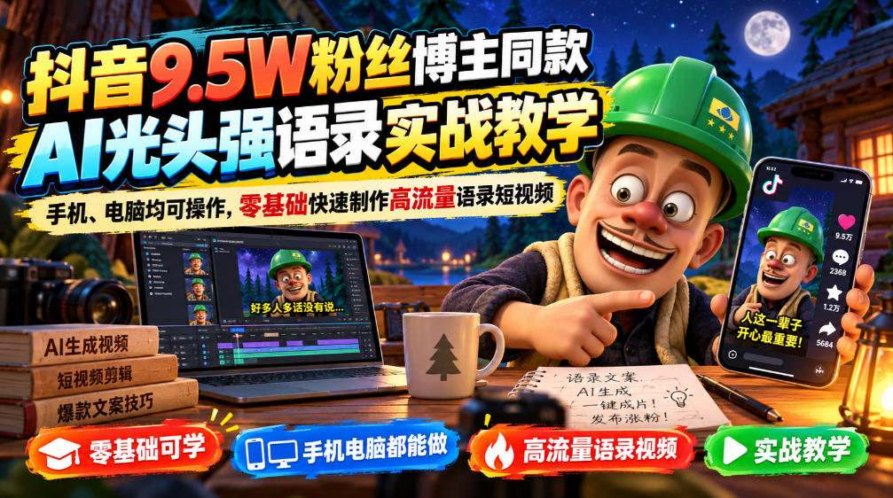 抖音9.5W粉丝博主同款AI光头强语录实战教学，手机、电脑均可操作，零基础快速制作高流量语录短视频-MFXUI中国站