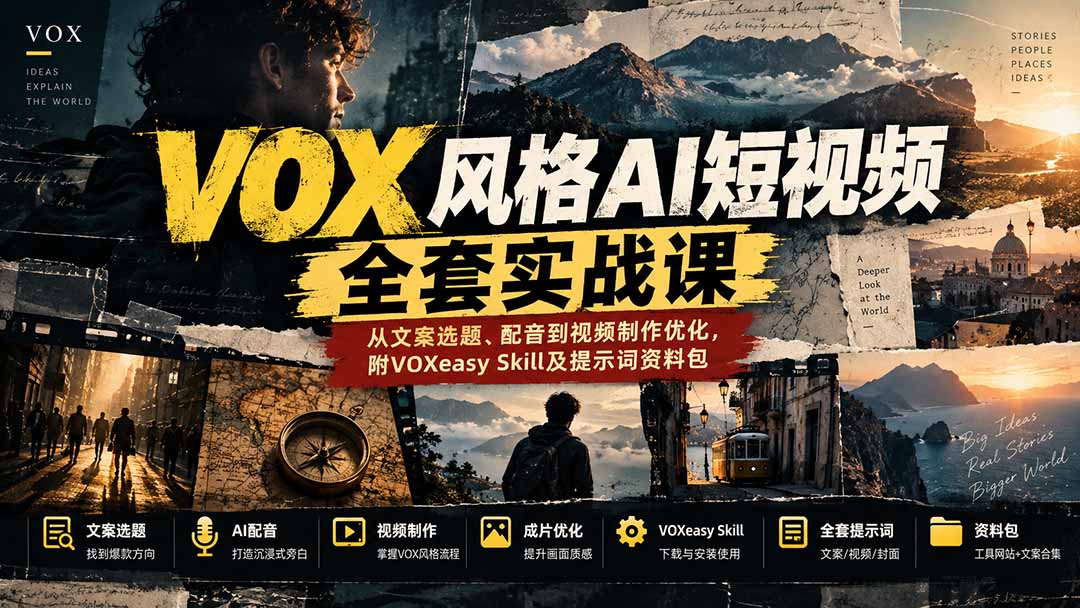 【无水印】VOX风格AI短视频全套实战课：从文案选题、配音到视频制作优化，附VOXeasy Skill及提示词资料包-MFXUI中国站