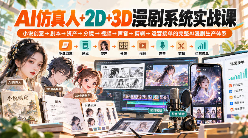 【无水印】AI仿真人+2D+3D漫剧系统实战课，小说创意→剧本→资产→分镜→视频→声音→剪辑→运营接单的完整AI漫剧生产体系-MFXUI中国站
