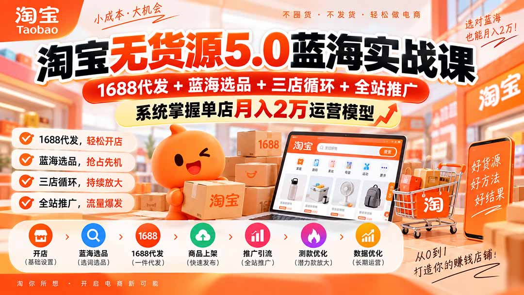 淘宝无货源5.0蓝海实战课-更新0927：1688代发+蓝海选品+三店循环+全站推广，系统掌握单店月入2万运营模型-MFXUI中国站