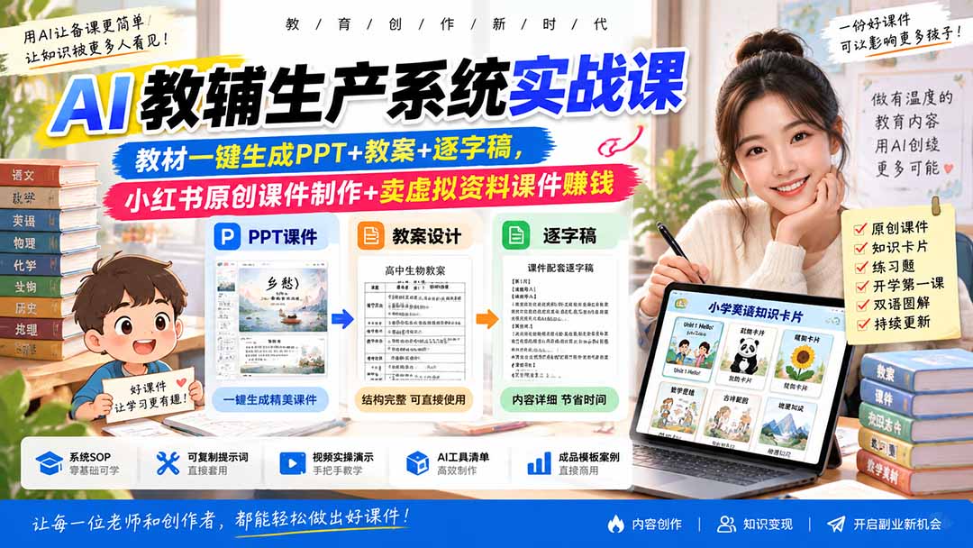 AI教辅生产系统实战课-更新0926｜教材一键生成PPT+教案+逐字稿，小红书原创课件制作+卖虚拟资料课件赚钱-MFXUI中国站
