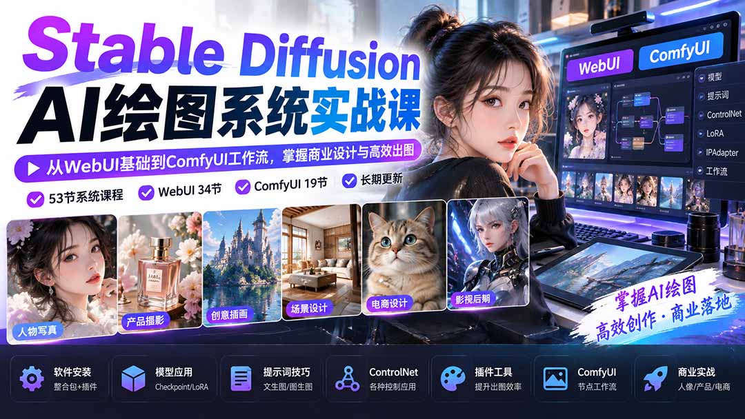 【无水印】Stable Diffusion AI绘图系统实战课：从WebUI基础到ComfyUI工作流，掌握商业设计与高效出图-MFXUI中国站