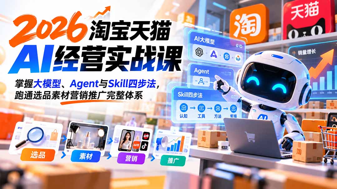 【无水印】2026淘宝天猫AI经营实战课：掌握大模型、Agent与Skill四步法，跑通选品素材营销推广完整体系-MFXUI中国站
