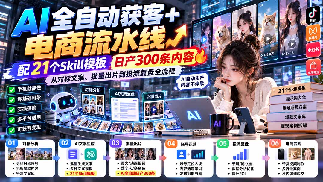 【无水印】AI全自动获客+电商流水线：配21个Skill模板，日产300条内容，从对标文案、批量出片到投流复盘全流程-MFXUI中国站