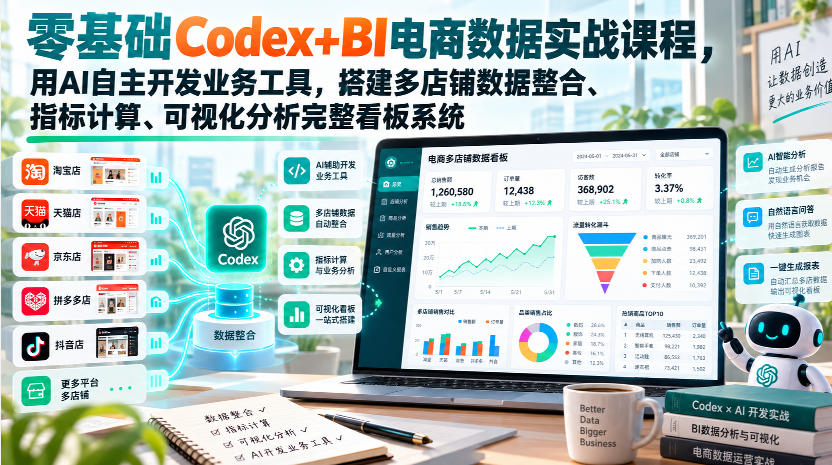 零基础Codex+BI电商数据实战课程，用AI自主开发业务工具，搭建多店铺数据整合、指标计算、可视化分析完整看板系统-MFXUI中国站