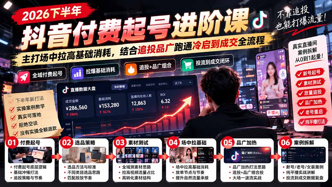 2026下半年抖音付费起号进阶课：主打场中拉高基础消耗，结合追投品广跑通冷启到成交全流程-MFXUI中国站