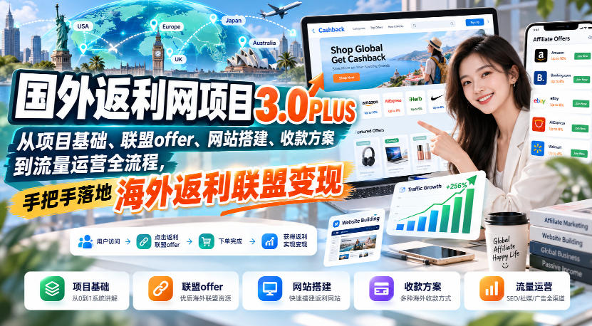 国外返利网项目3.0PLUS，从项目基础、联盟offer、网站搭建、收款方案到流量运营全流程，手把手落地海外返利联盟变现-MFXUI中国站