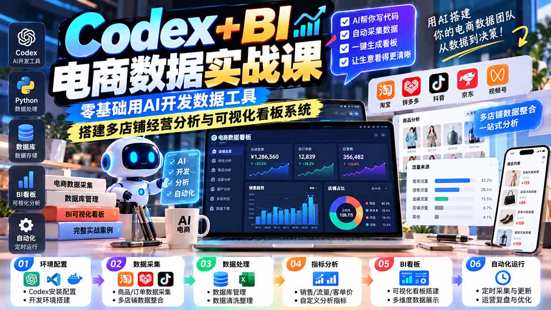 Codex+BI电商数据实战课：零基础用AI开发数据工具，搭建多店铺经营分析与可视化看板系统-MFXUI中国站