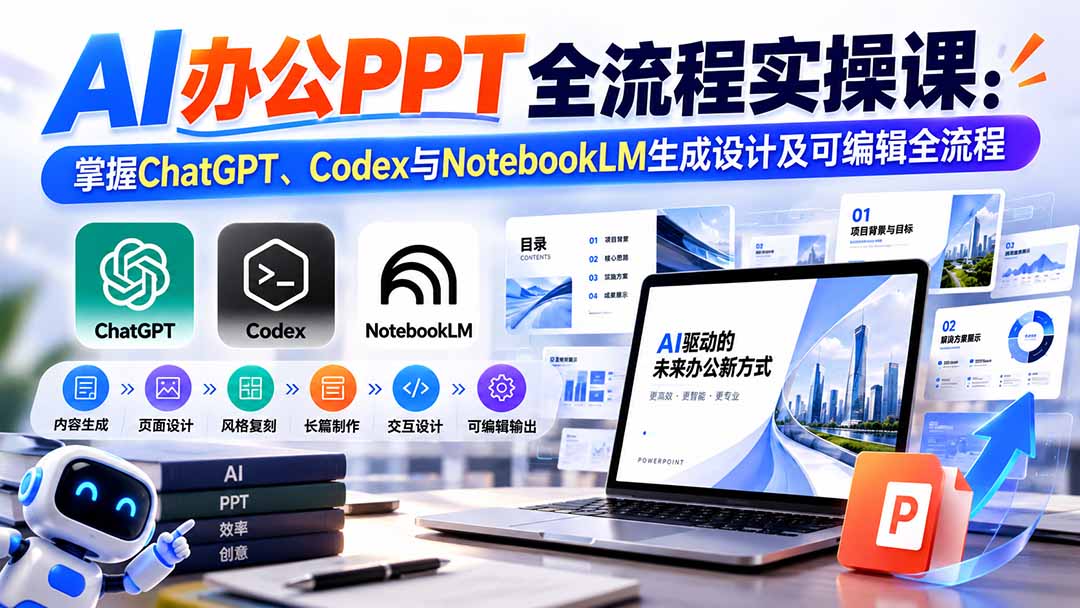 【无水印】AI办公PPT全流程实操课： 掌握ChatGPT、Codex与NotebookLM生成设计及可编辑全流程-MFXUI中国站