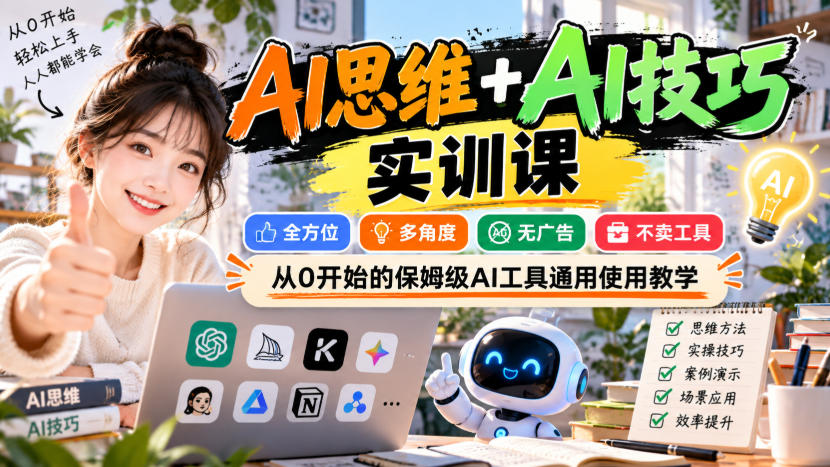 【无水印】AI思维+AI技巧实训课，全方位、多角度、无广告、不卖工具，从0开始的保姆级AI工具通用使用教学-MFXUI中国站