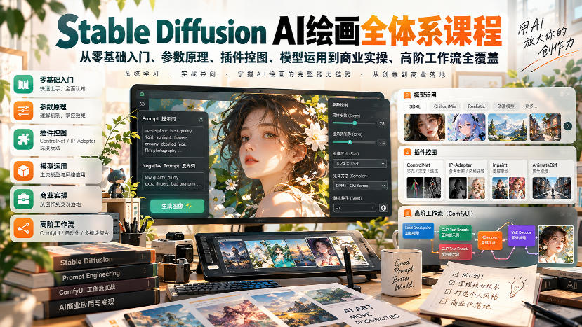 【无水印】Stable Diffusion AI绘画全体系课程，从零基础入门、参数原理、插件控图、模型运用到商业实操、高阶工作流全覆盖-MFXUI中国站