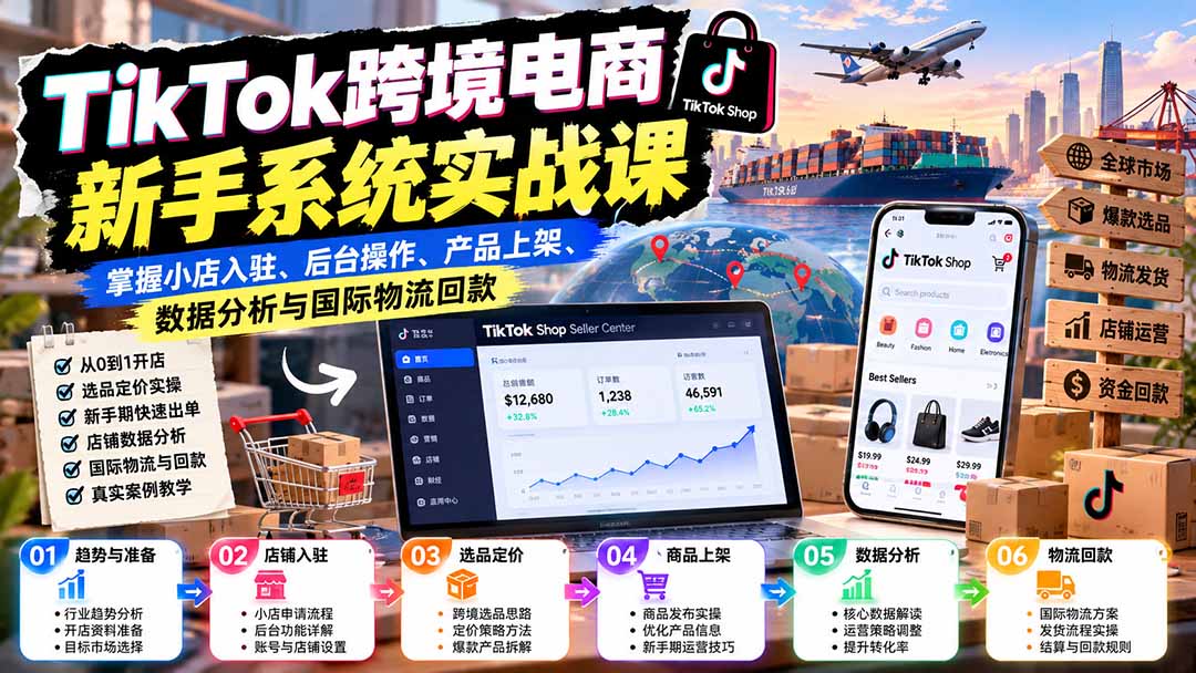 TikTok跨境电商新手系统实战课：掌握小店入驻、后台操作、产品上架、数据分析与国际物流回款-MFXUI中国站