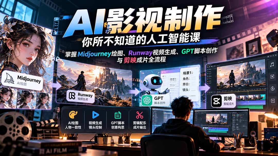 【无水印】AI影视制作-你所不知道的人工智能课，掌握Midjourney绘图、Runway视频生成、GPT脚本创作与剪映成片全流程-MFXUI中国站