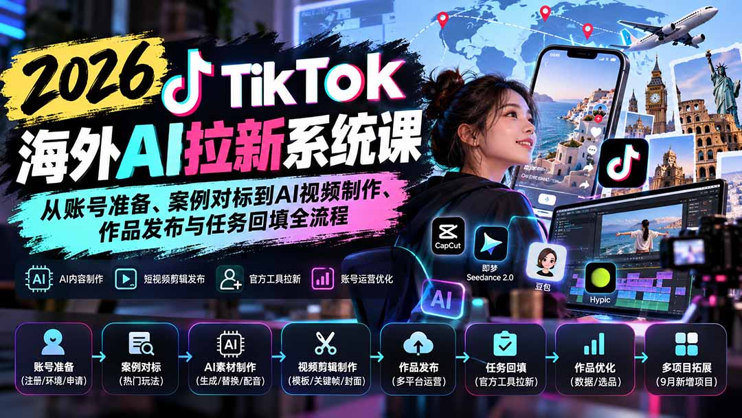 【无水印】2026 TikTok海外AI拉新系统课：从账号准备、案例对标到AI视频制作、作品发布与任务回填全流程-MFXUI中国站