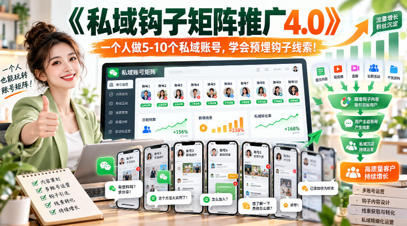 【无水印】《私域钩子矩阵推广4.0》一个人做5-10个私域账号，学会预埋钩子线索！-MFXUI中国站