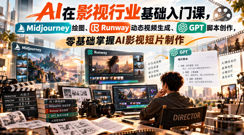 【无水印】AI在影视行业基础入门课，Midjourney绘图、Runway动态视频生成、GPT脚本创作，零基础掌握AI影视短片制作-MFXUI中国站