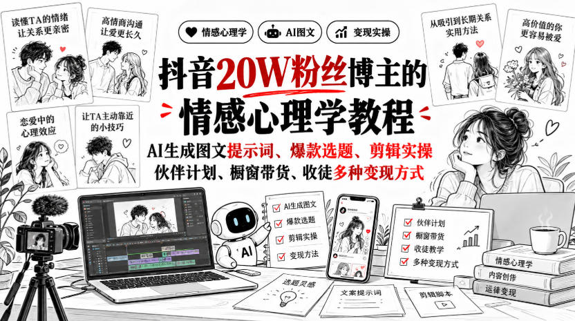 抖音20W粉丝博主静候心声的情感心理学教程，AI生成图文提示词、爆款选题、剪辑实操，伙伴计划、橱窗带货、收徒多种变现方式-MFXUI中国站